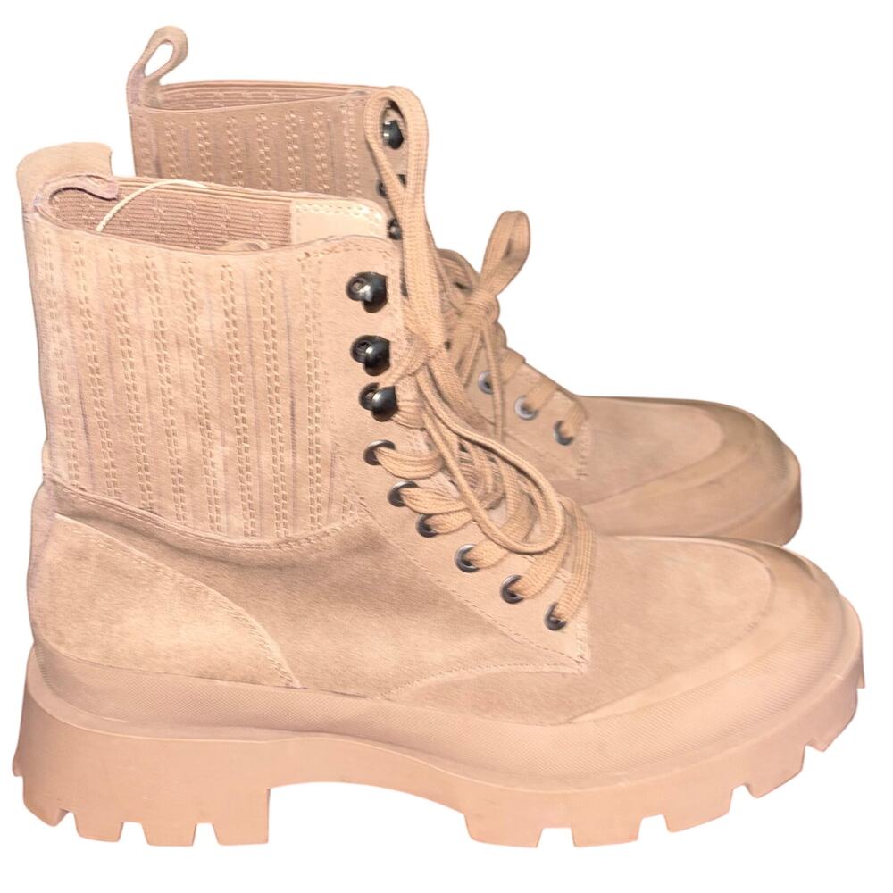 Zara women’s chunky lug sole suede lace-up boots beige (size EU 41/US 10)